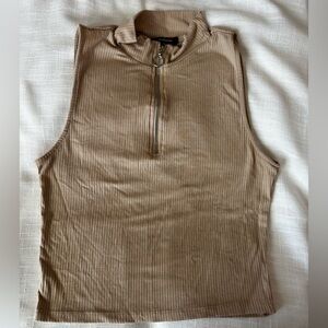 Ambiance Ribbed Mock Neck Sleeveless Top - Beige